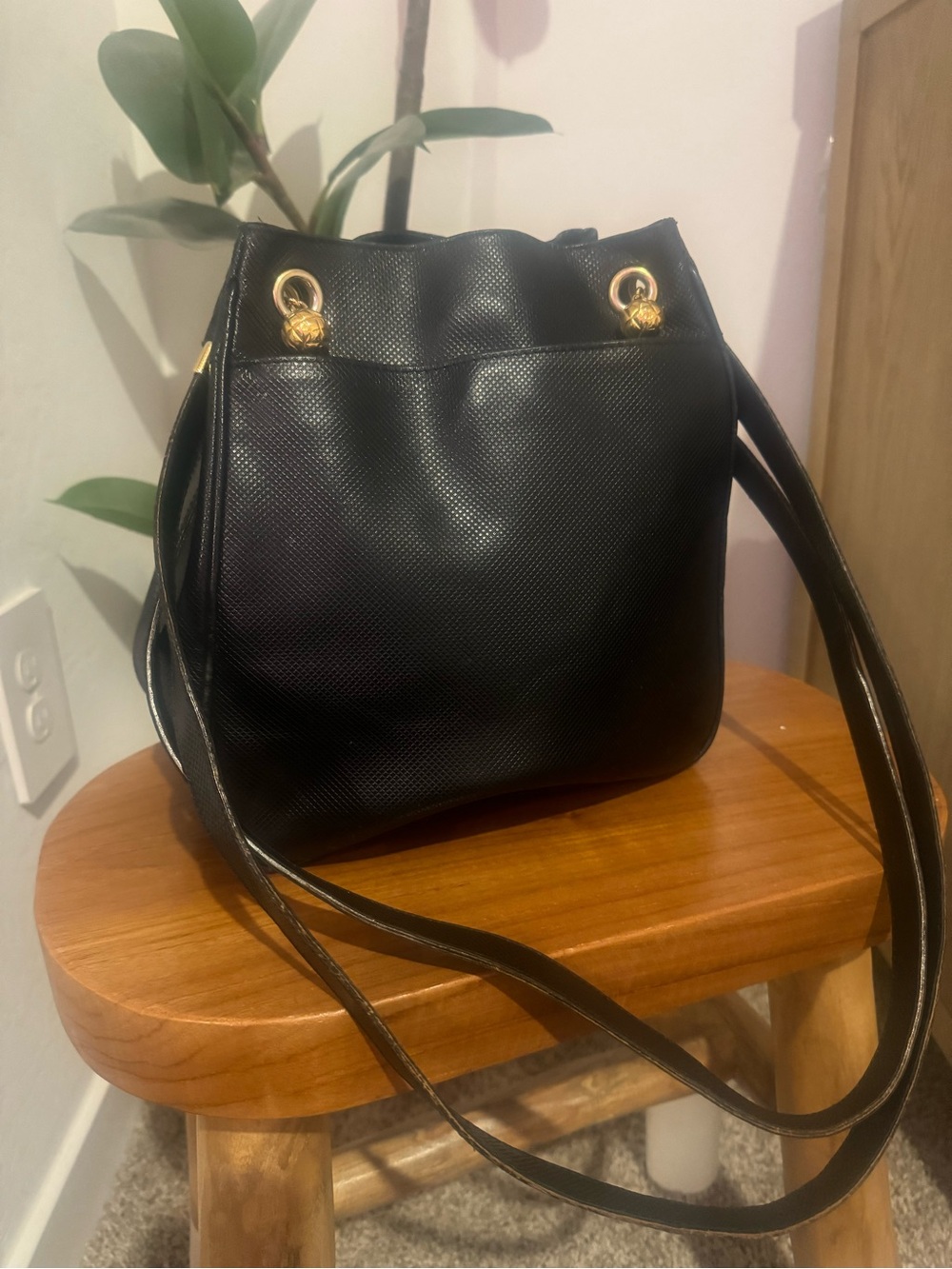 Bottega Veneta Black Textured Leather Shoulder Bag with Gold Hardware